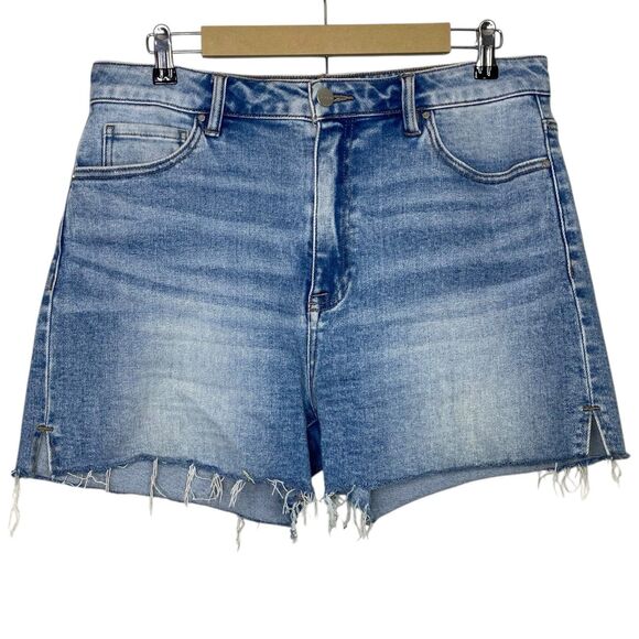 NWT Risen Jeans Shorts Womens XL Blue Distressed Hem Cut Off High Rise Stretch - Picture 1 of 9
